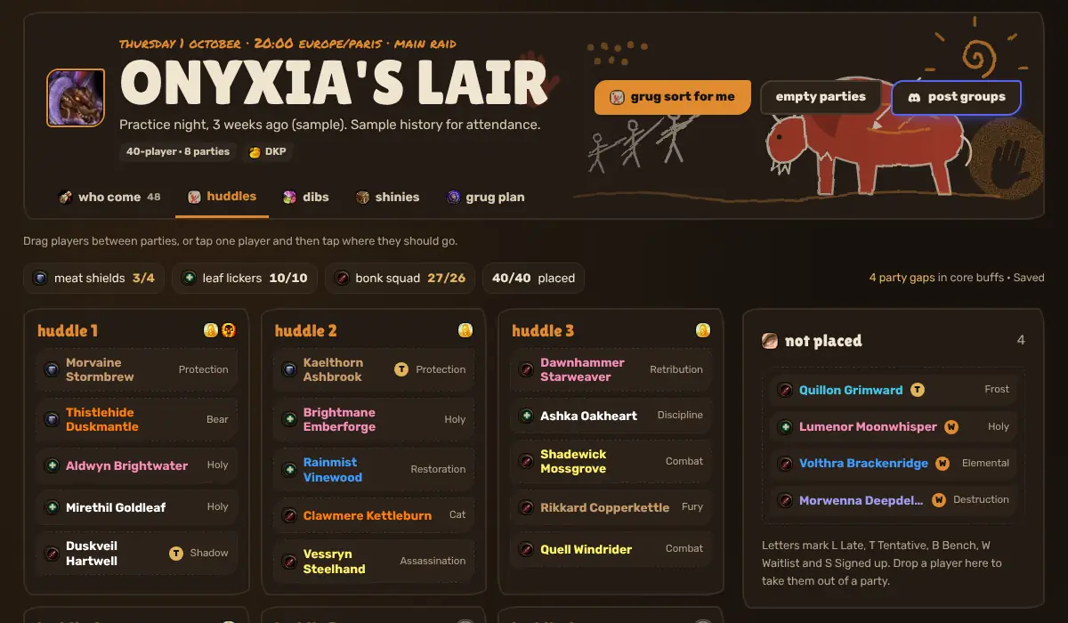 A raid's parties in Bonksquad: eight parties of five for Onyxia's Lair, players coloured by class, with Grug's sort button and a list of players not placed yet.